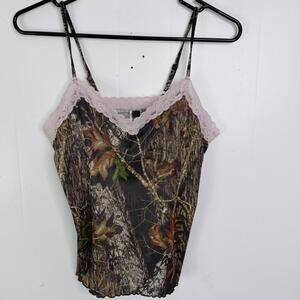 Wilderness Dreams Top Large Womens Camo Pink Lace Y2K V Neck Sexy Country